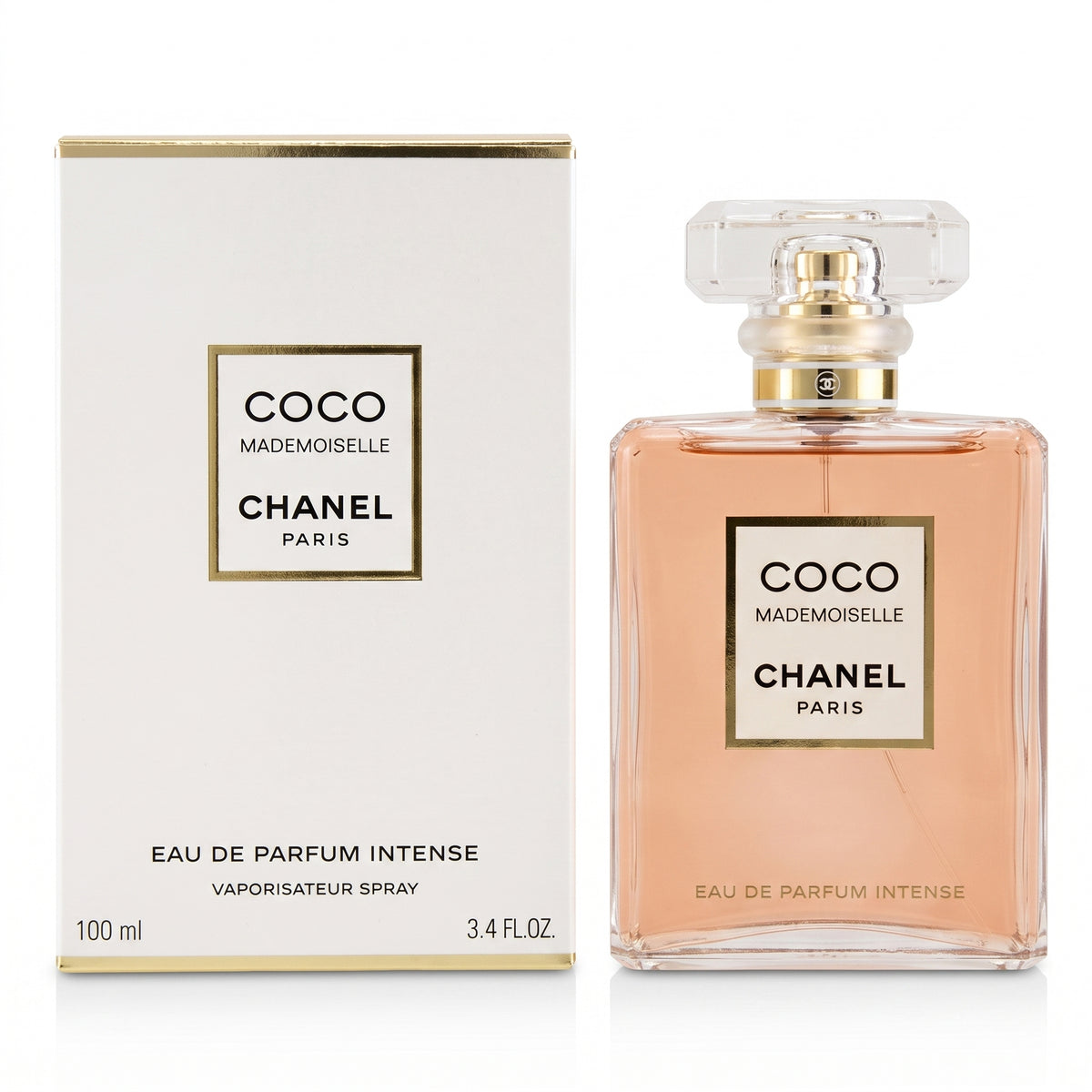 Chanel Coco Mademoiselle Eau de Parfum Intense 100ml bottle next to its white and gold packaging box, on a clean white background.