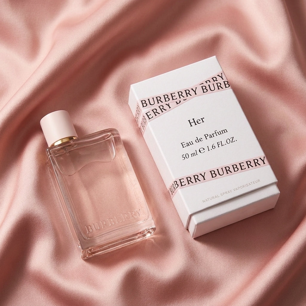 Burberry Her Eau de Parfum 50ml bottle and its white packaging box, styled on a draped pink satin fabric background.