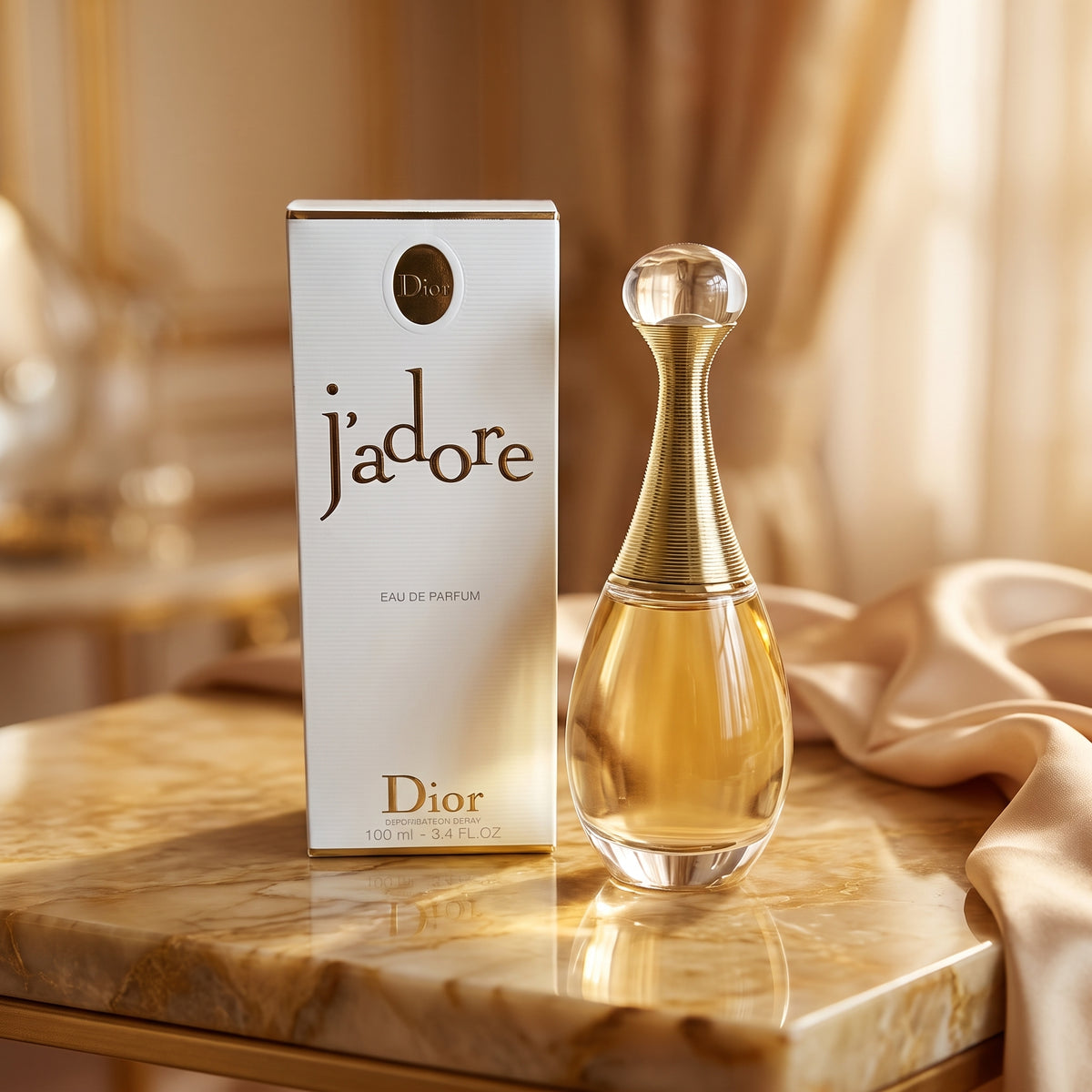 Dior J'adore Eau de Parfum bottle and its white packaging box, styled on a polished marble table with draped beige fabric and a warm, elegant background.
