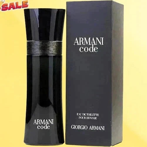 Armani Code Eau de Toilette bottle and packaging box by Giorgio Armani, shown on a pale yellow background with a red SALE overlay in the top-left corner.