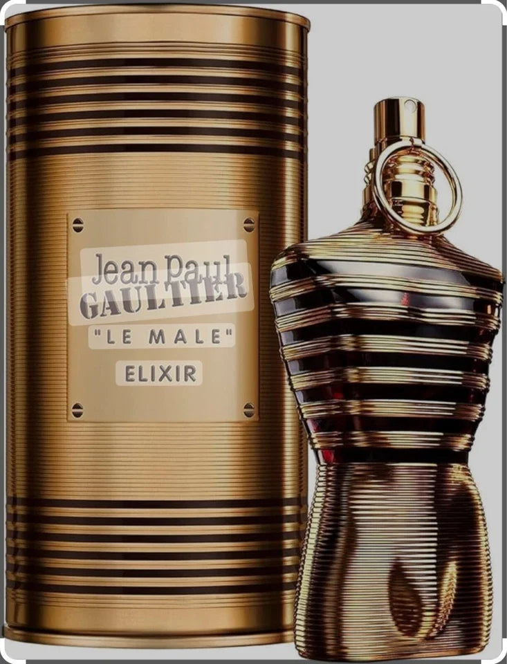 Jean Paul Gaultier Le Male Elixir perfume set with gold and bronze design.