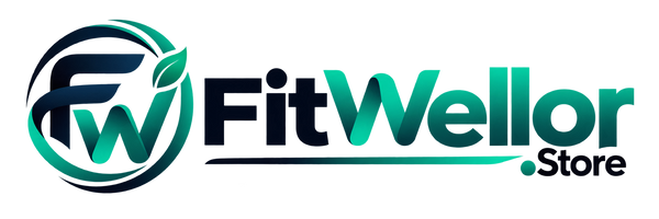 A digital logo for 'FitWellor Store' featuring a circular 'FW' emblem with a green leaf on a black background, alongside the text 'FitWellor' in dark navy and teal, and 'Store' in black.