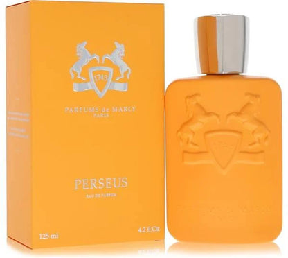 Orange perfume bottle and matching orange box for Parfums de Marly Perseus Eau de Parfum, with a silver cap and embossed horse crest.