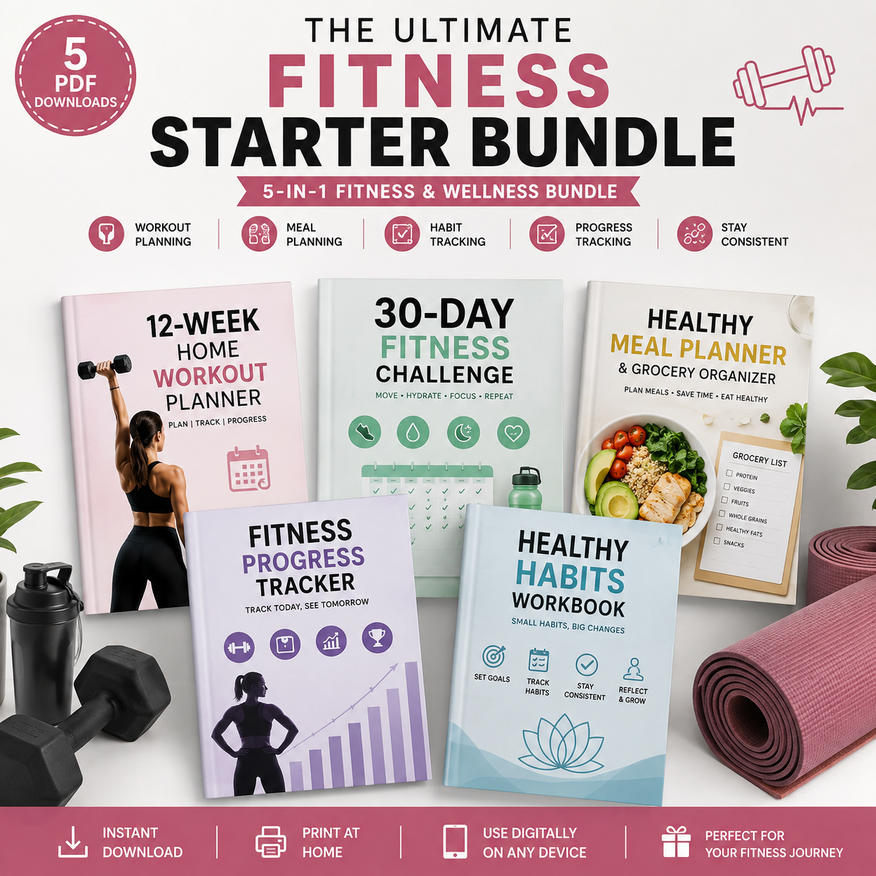 The Ultimate Fitness Starter Bundle | 5-in-1 Workout, Meal & Habit Planner