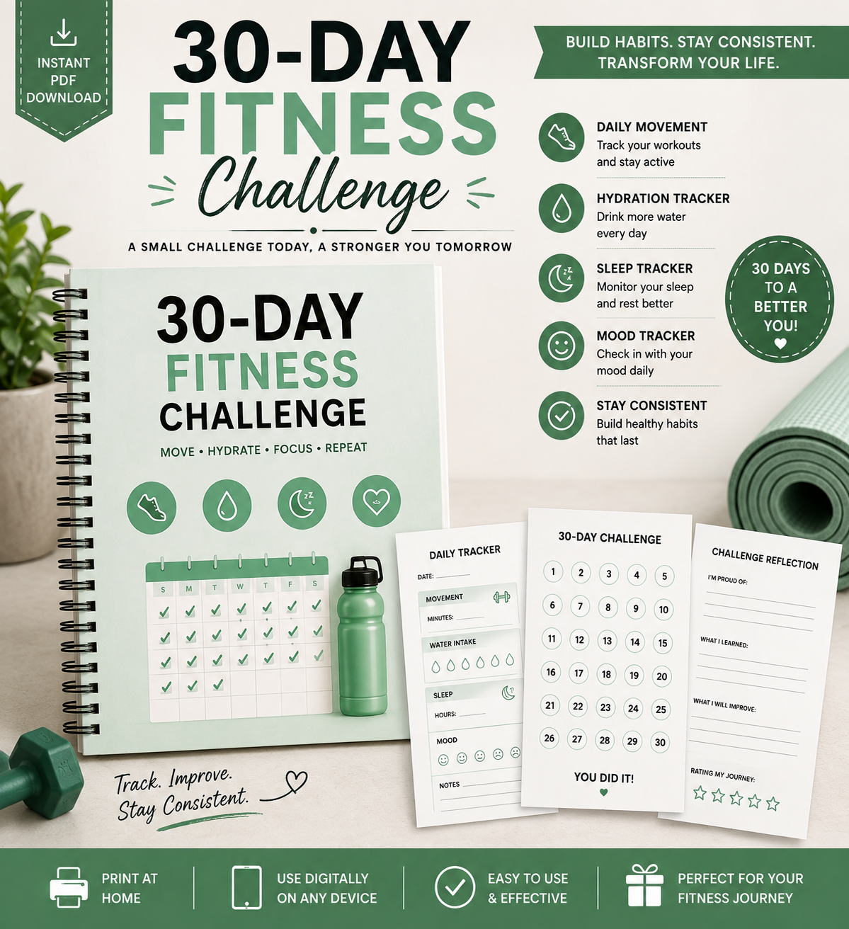 30-Day Fitness Challenge | Printable Workout & Habit Tracker