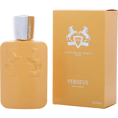 A bottle of Perseus Eau de Parfum next to its packaging box. The bottle and box are a warm golden-yellow color with a silver metallic cap and white printed branding.