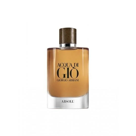 Giorgio Armani Acqua di Gio Absolu cologne bottle with amber liquid, a dark wood-textured cap, and a silver base on a white background.