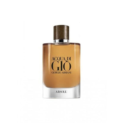 Giorgio Armani Acqua di Gio Absolu cologne bottle with amber liquid, a dark wood-textured cap, and a silver base on a white background.