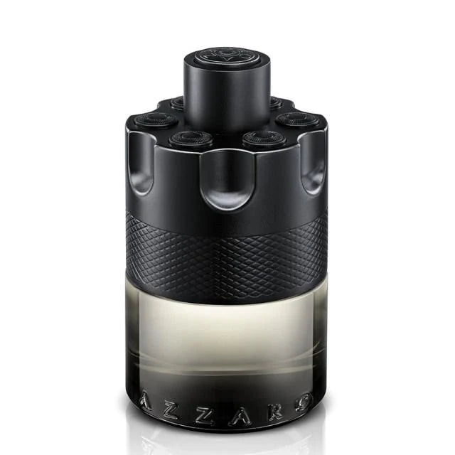 A bottle of Azzaro fragrance with a black textured cylindrical cap and base, and a clear lower section showing a pale liquid inside, on a white background.