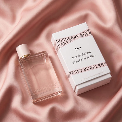 Burberry Her Eau de Parfum 50ml bottle and its white packaging box, styled on a draped pink satin fabric background.