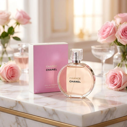 Chanel Chance Eau de Toilette perfume bottle and its pink box, styled on a white marble countertop with pink roses and champagne glasses in a bright, soft-focus interior.