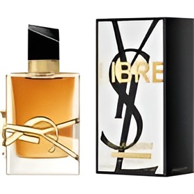 YSL Libre Eau de Toilette perfume bottle with amber liquid and gold logo details, shown next to its black and white packaging box with gold lettering.