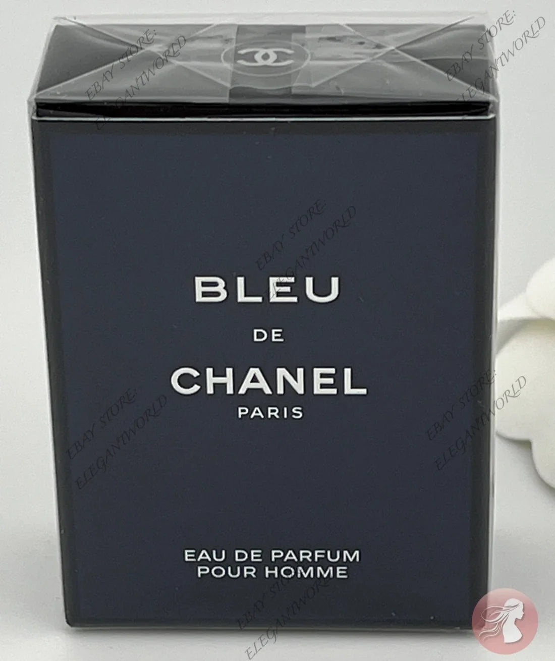Chanel Bleu de Chanel Eau de Parfum for men, shown in its original dark navy blue box with white lettering, sealed in clear plastic.