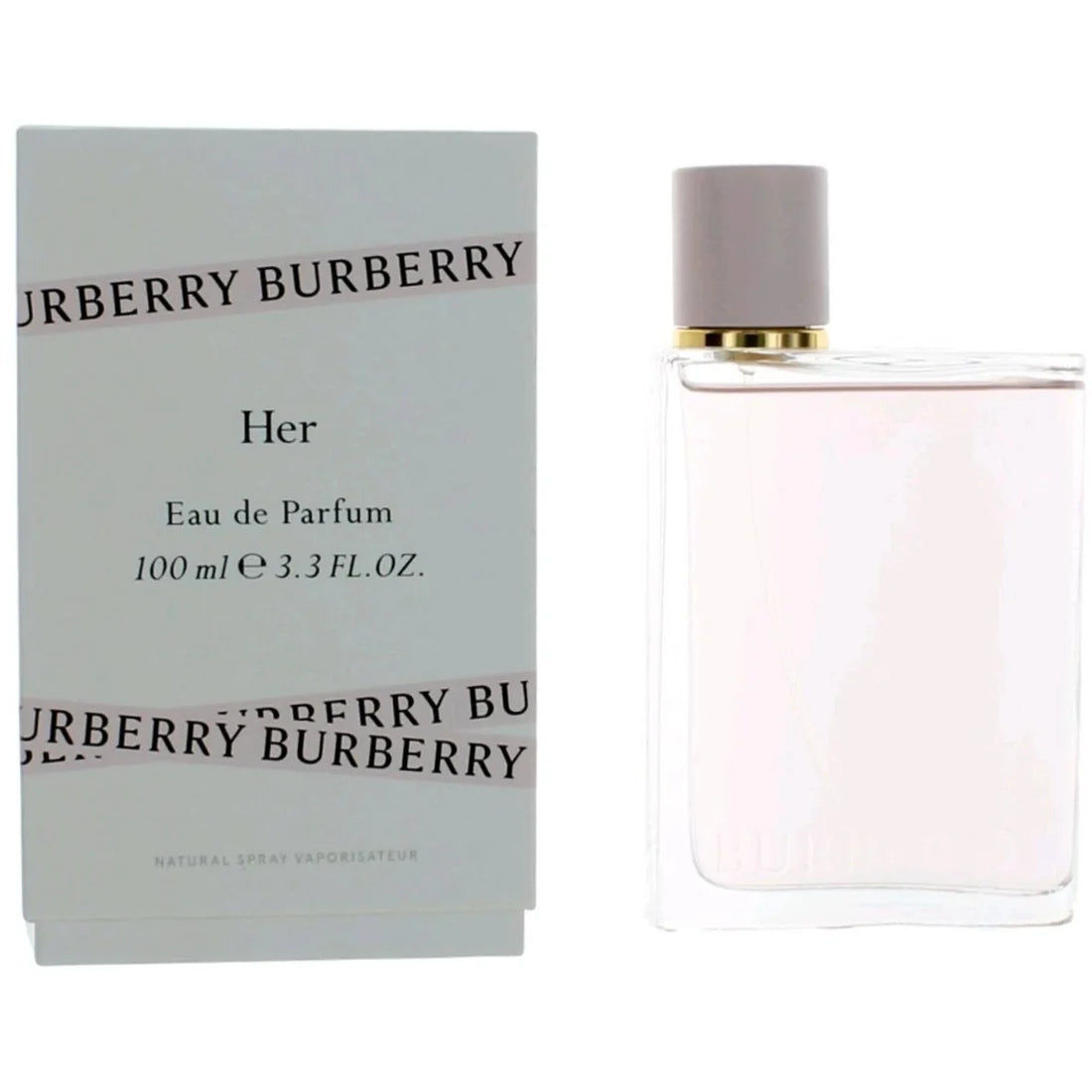 Burberry Her Eau de Parfum 100ml bottle next to its light blue and white packaging box, featuring the iconic Burberry check pattern.