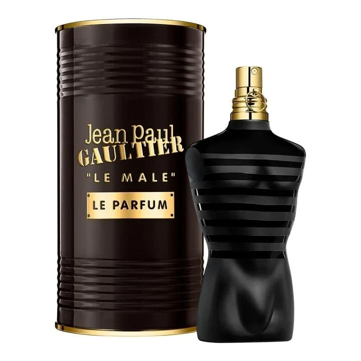 Jean Paul Gaultier Le Male Le Parfum perfume bottle and packaging on a white background