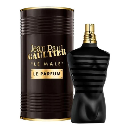 Jean Paul Gaultier Le Male Le Parfum perfume bottle and packaging on a white background