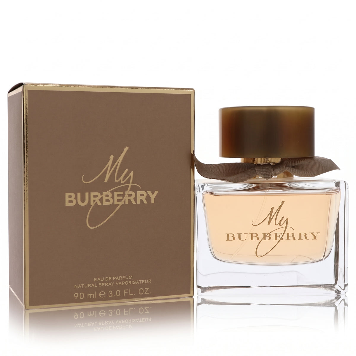 Burberry My Burberry Eau de Parfum 90ml bottle with its brown presentation box, set against a clean white background with a subtle reflection.